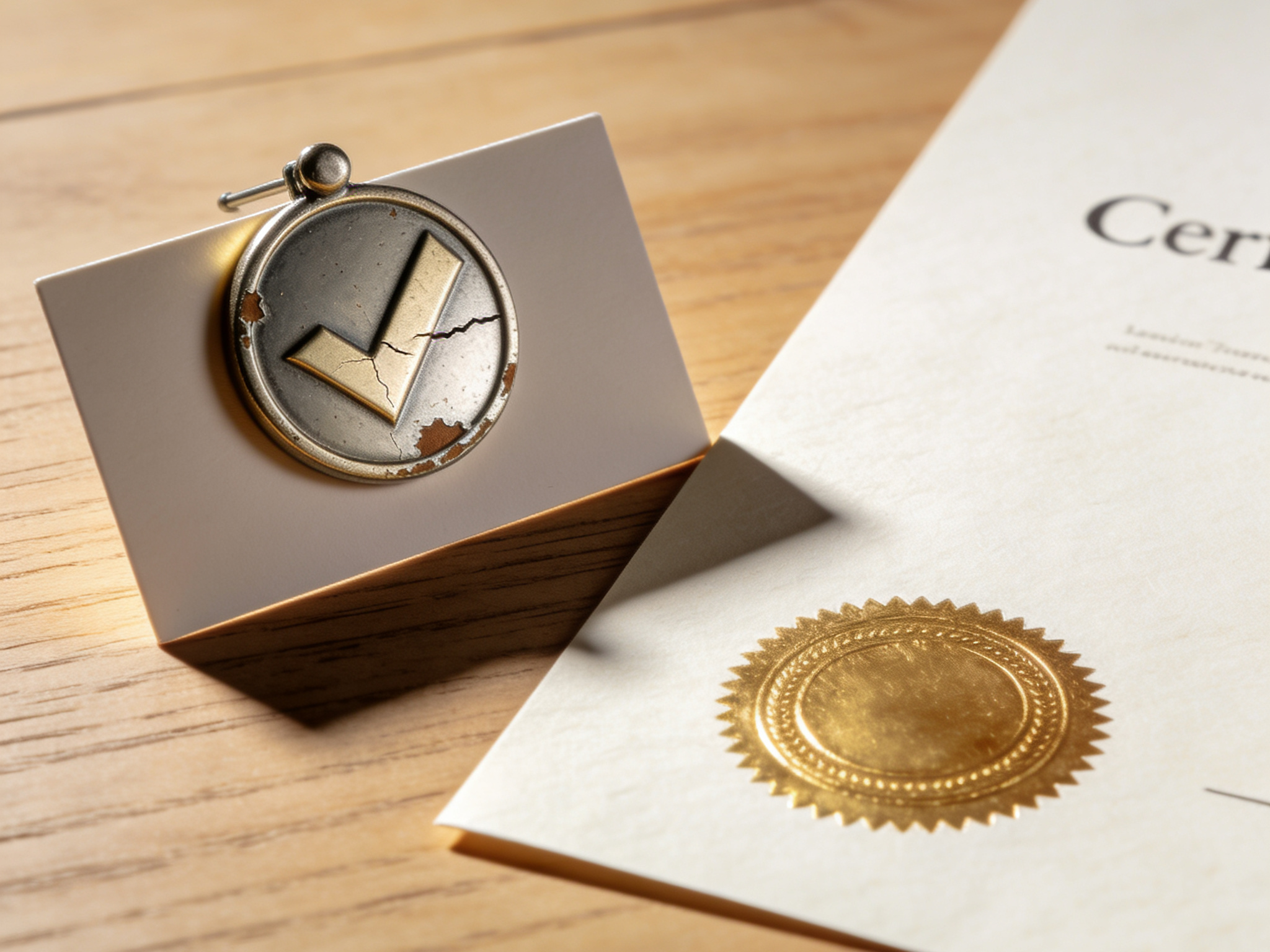 A cracked verification badge pinned to a business card beside an embossed official certificate on wood.