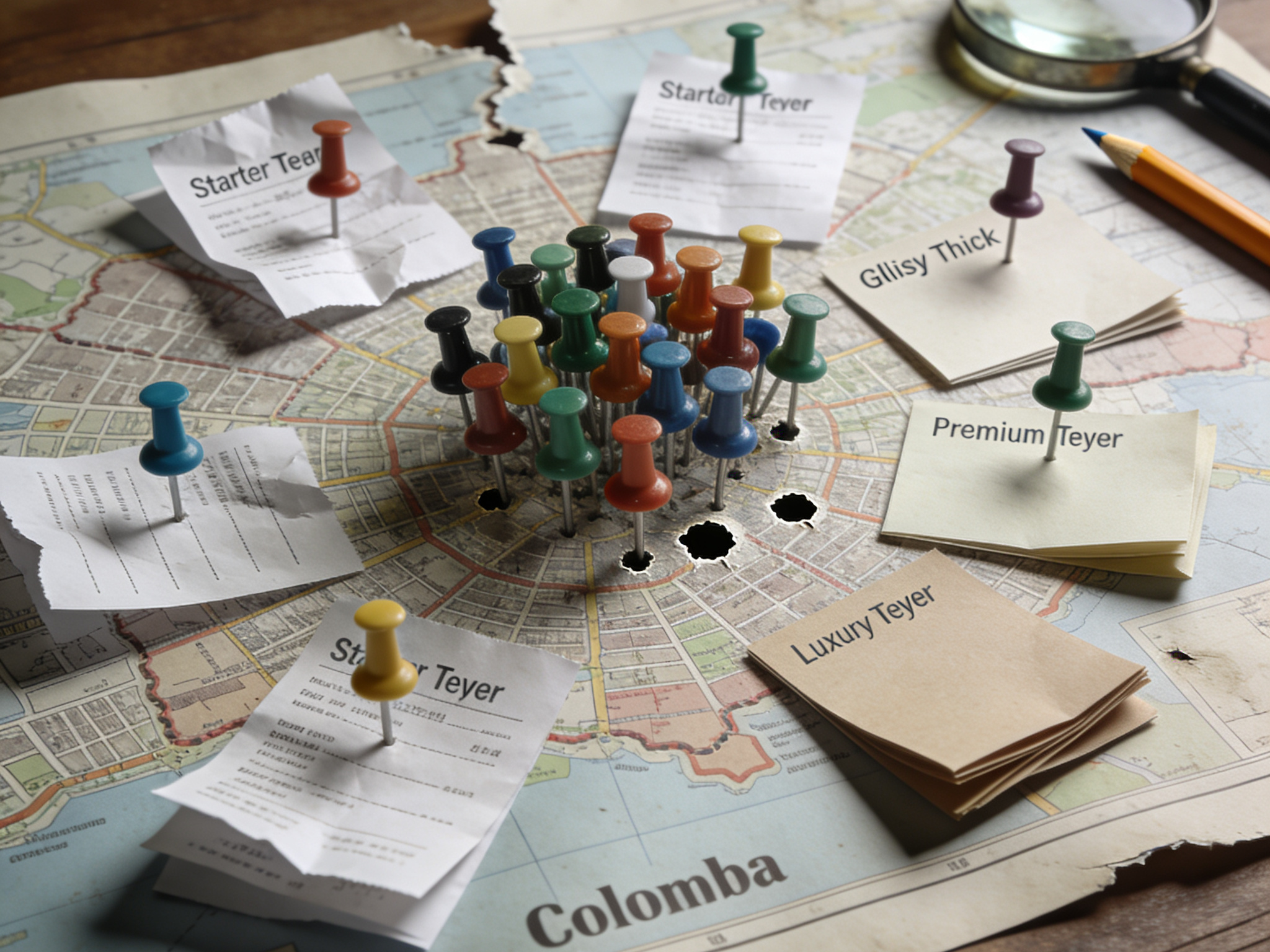 Overhead shot of torn Colombo map pinned with overlapping, face-down classified ad slips.