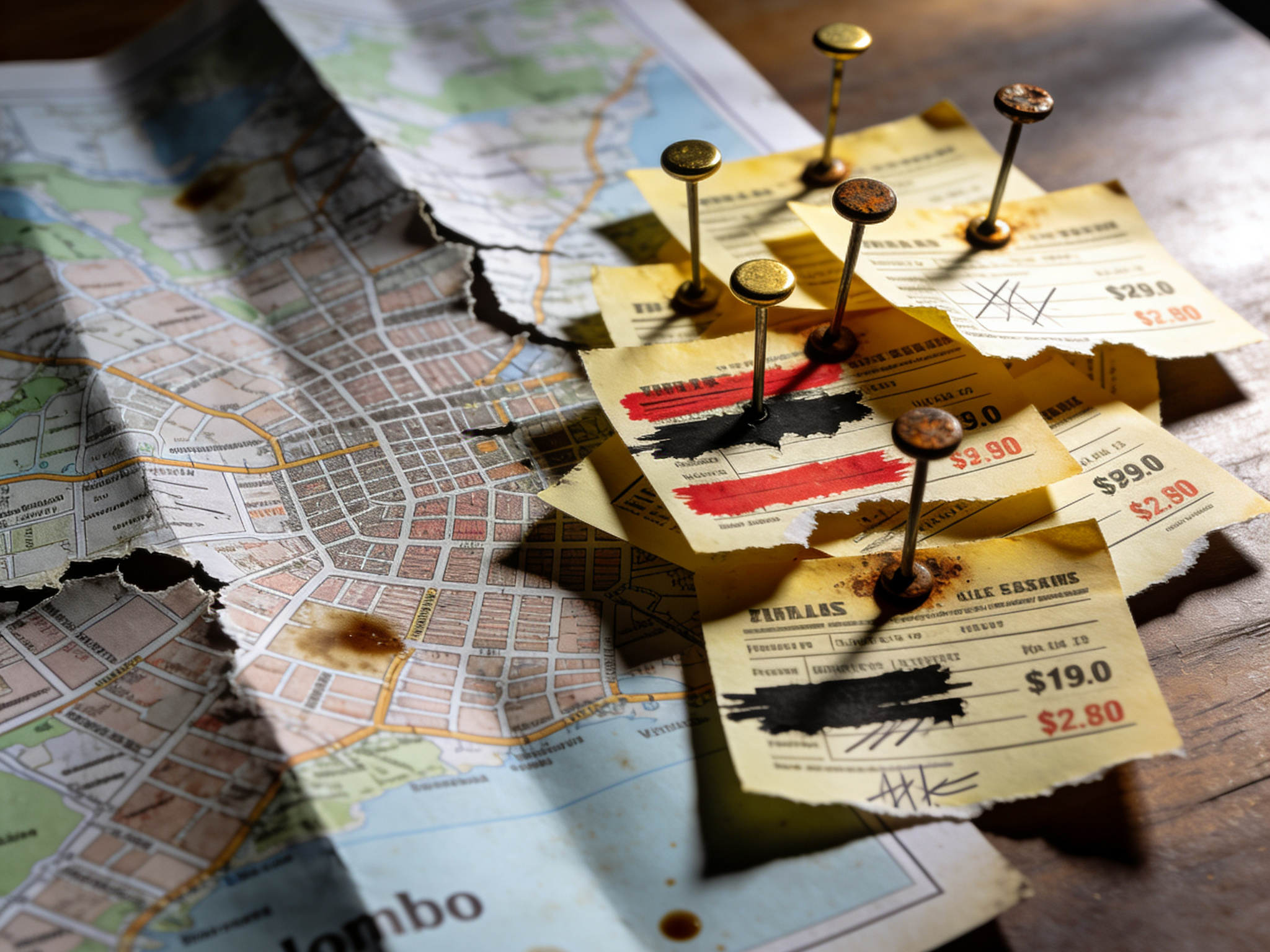 Torn Colombo map with overlapping classified rental slips pinned, several prices blacked out.