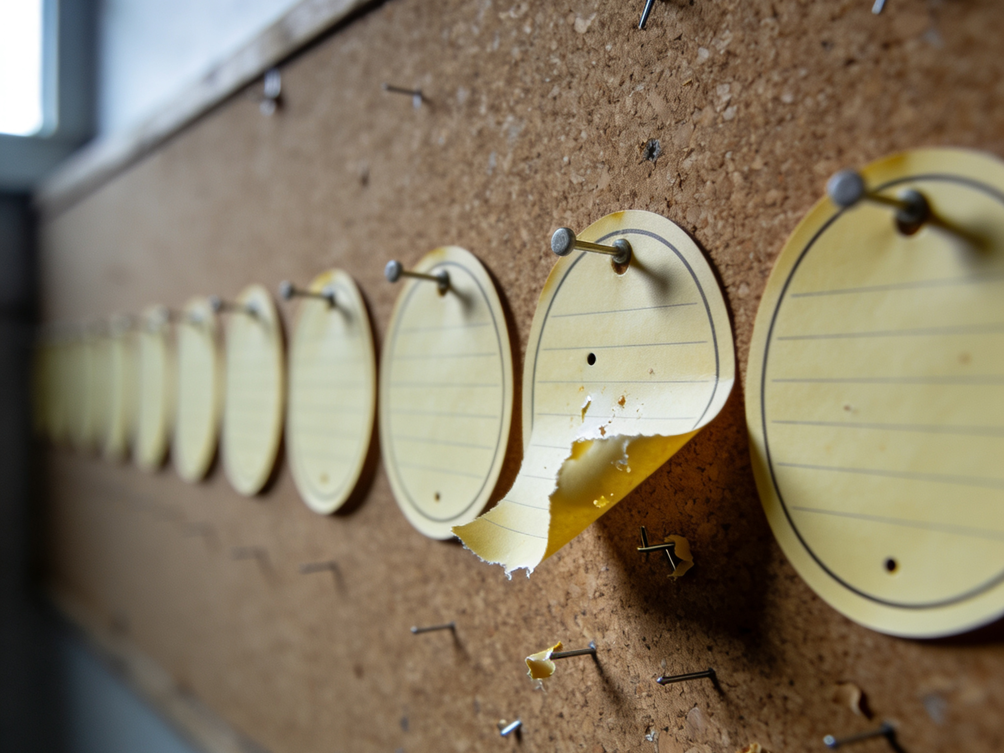Close-up of paper verification badges on a noticeboard, one peeled back revealing bare glue.