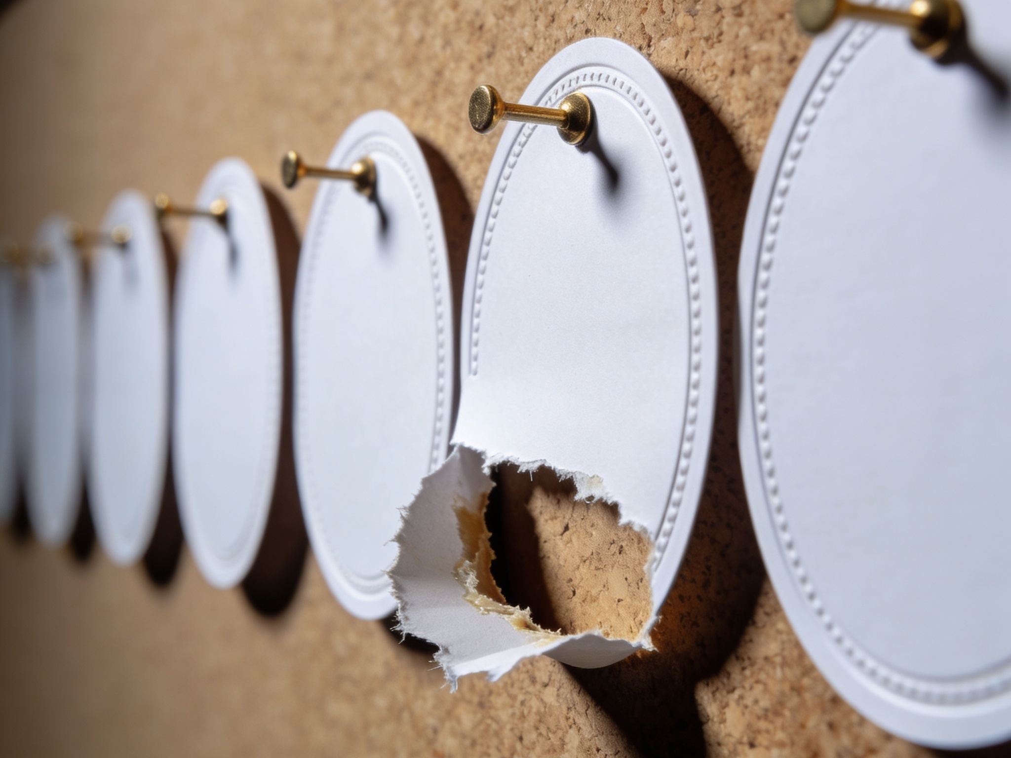 Close-up of identical circular paper badges pinned to a corkboard, one peeled back revealing empty glue.