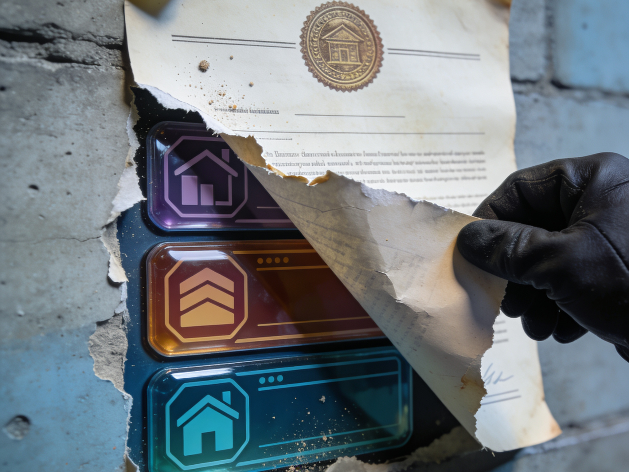 A deed poster being peeled back to reveal stacked, stylized portal badges underneath.