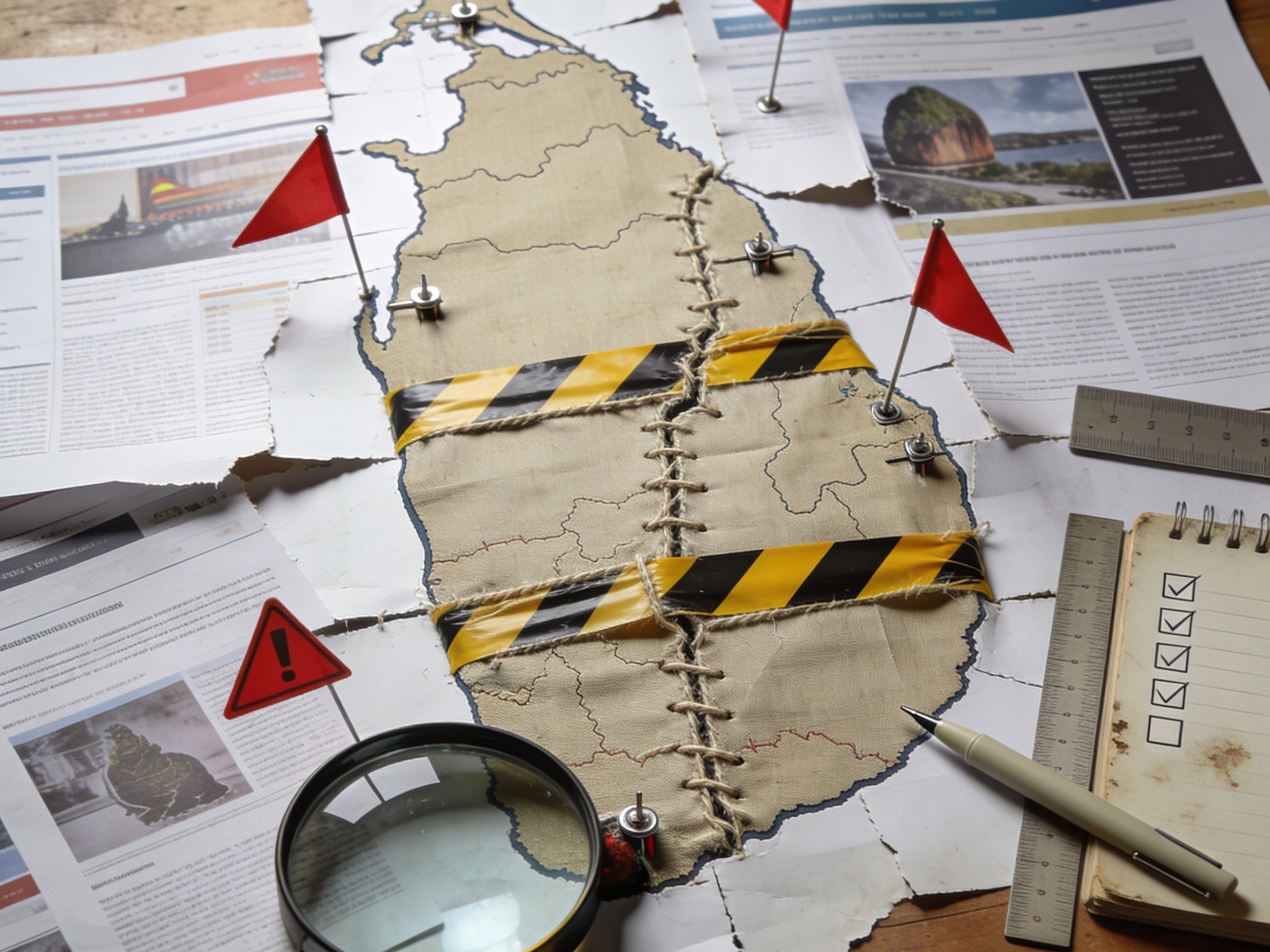 Overhead view of Sri Lanka-shaped patchwork map made from stitched website screenshots.