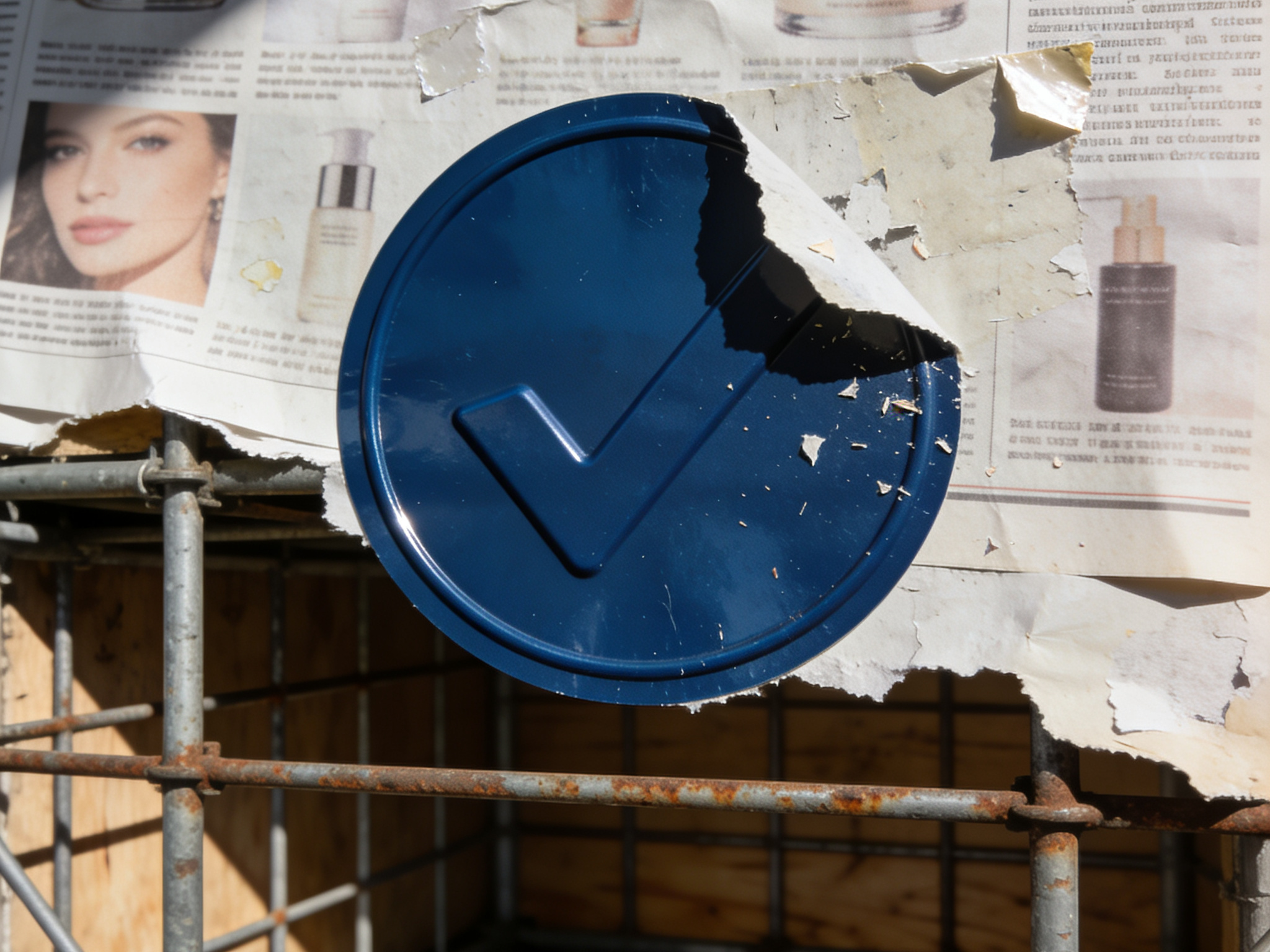 Close-up of a blue verification sticker peeling from a classifieds poster, exposing empty scaffolding.