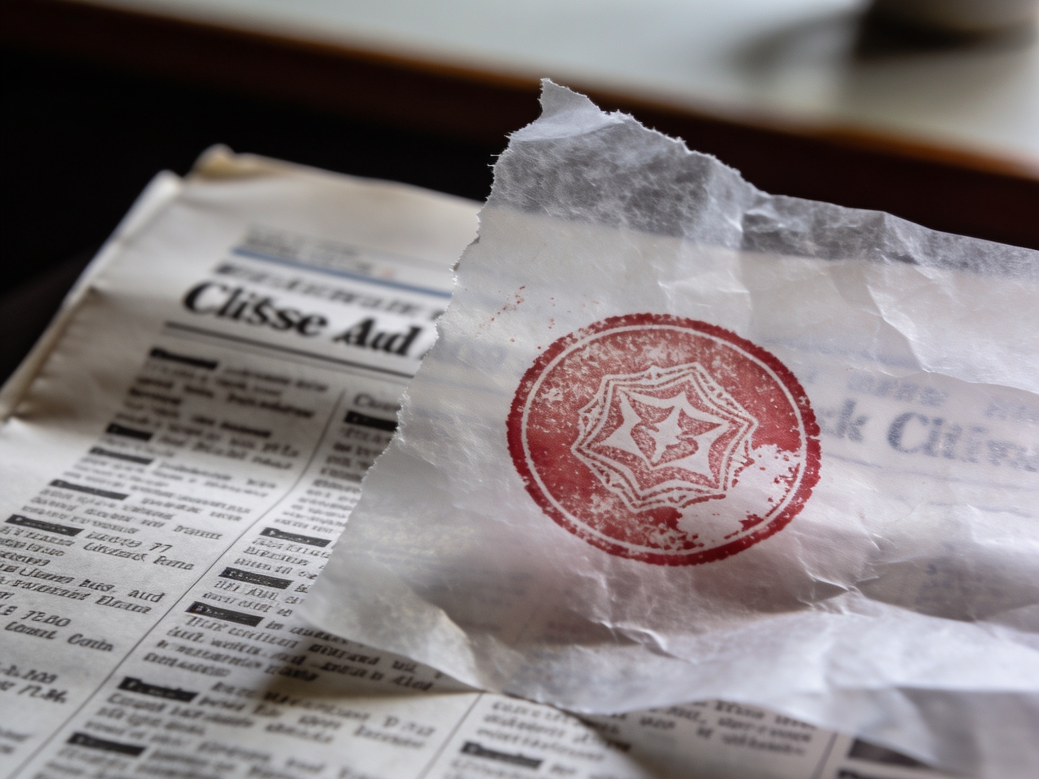 Smudged circular red seal on translucent tissue over a blurred classified ad, cool light.