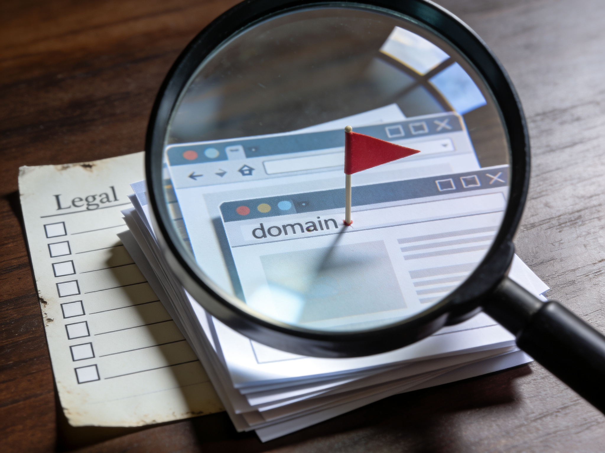 Close-up magnifying glass focusing on layered website printouts with a red flag.