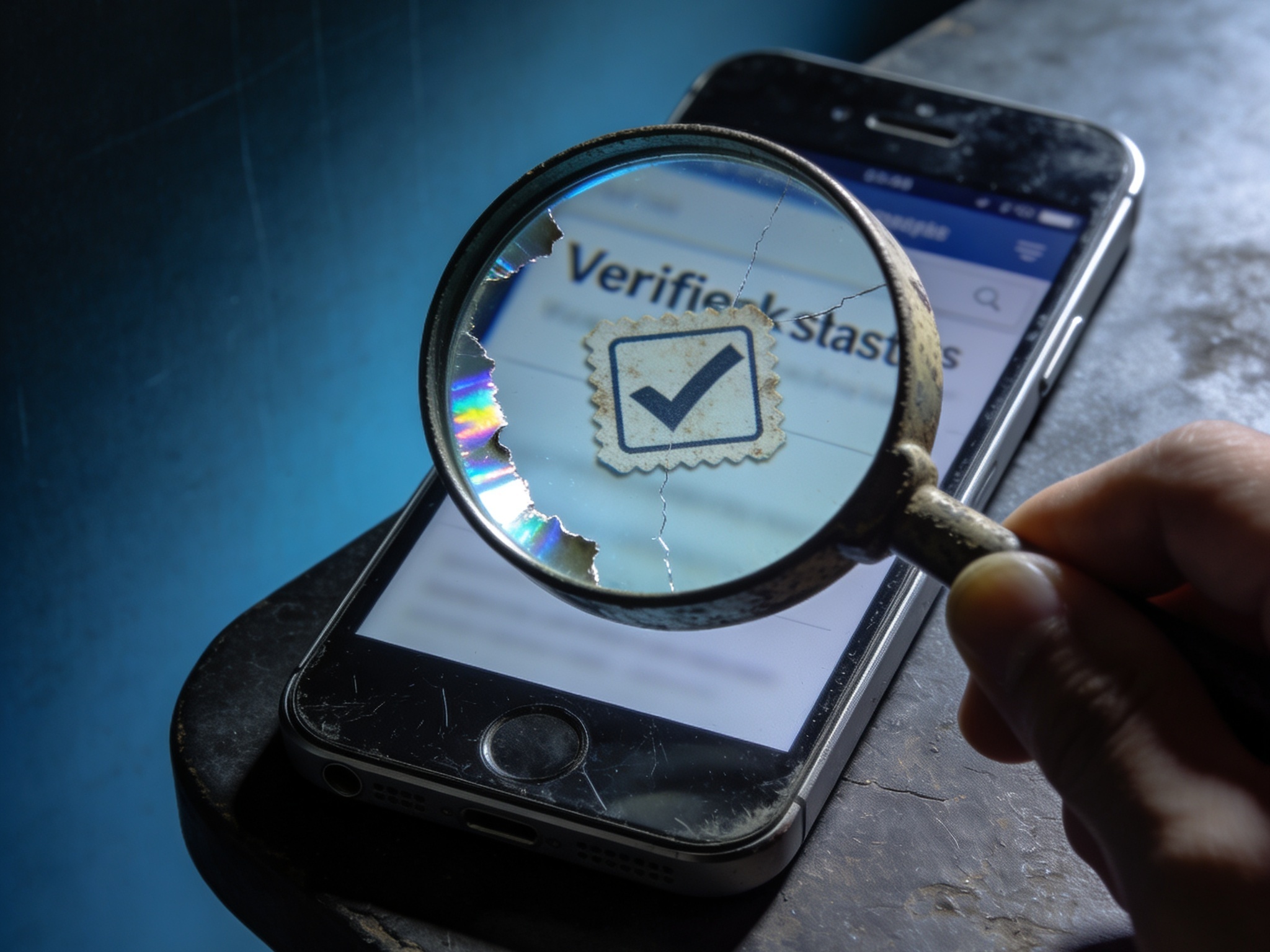 Close-up of a magnifying glass revealing a worn verified badge on a smartphone listing.