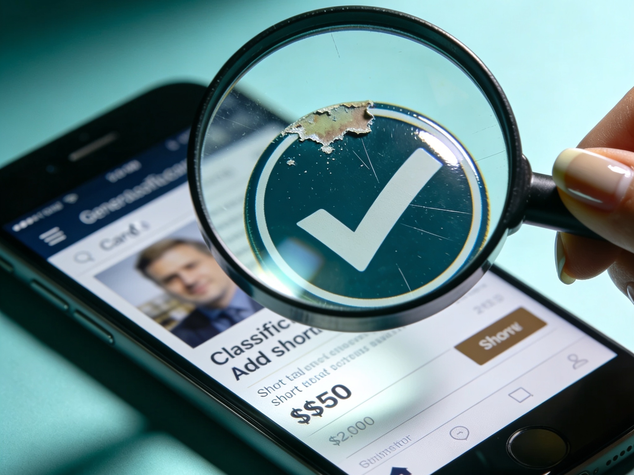 Close-up magnifying glass reveals a peeling verified badge on a smartphone classified listing.